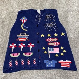 Vintage Northern Isles‎ Fireworks 4th Of July L Knit Cardigan Sweater Vest Blue